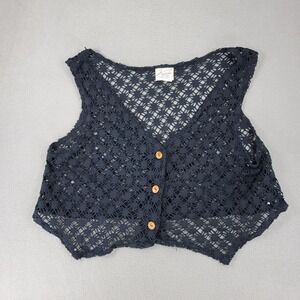 Awesome Wear Crochet Vest Womens M Black VTG Y2K 90s Boho Cropped Open Knit USA